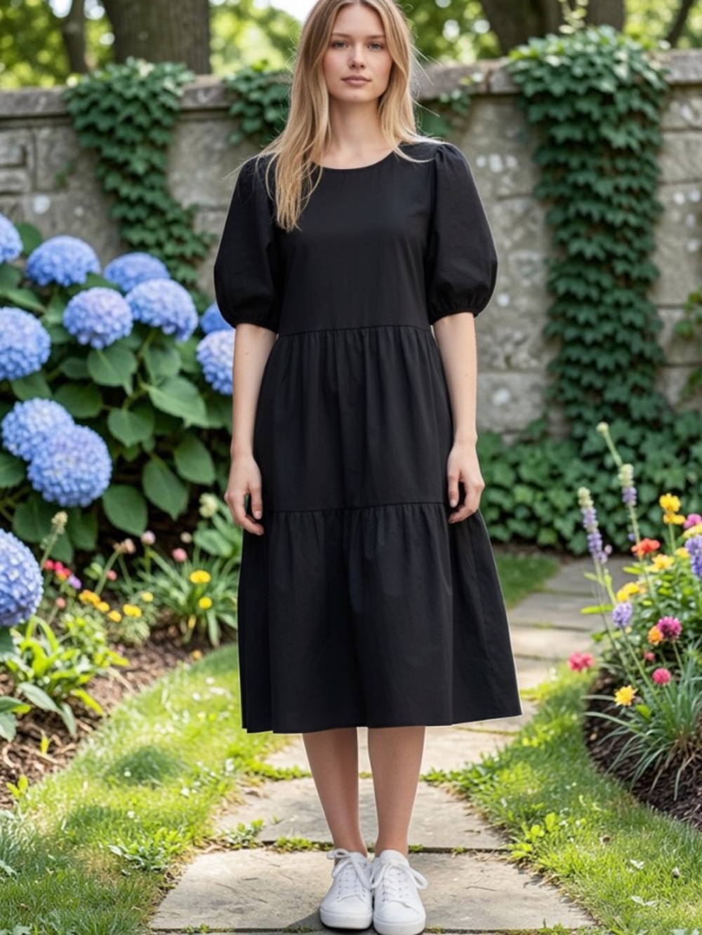 EVERLANE Black Puff-Sleeve Tiered Midi Dress Size 6 Crisp Airy Cotton Breezy - Picture 3 of 12